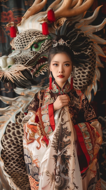 Free photo beautiful woman with dragon fantasy scene