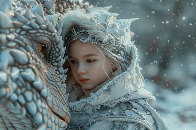 Free Photo beautiful woman with dragon fantasy scene