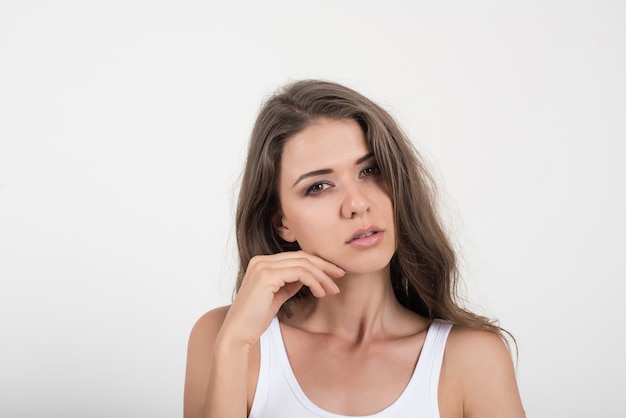 Beautiful woman with healthy body on white background