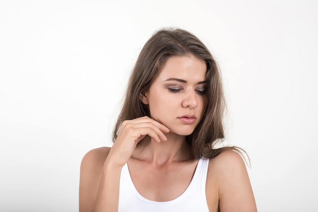 Beautiful woman with healthy body on white background