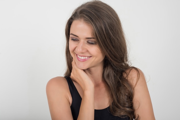 Beautiful woman with healthy body on white background