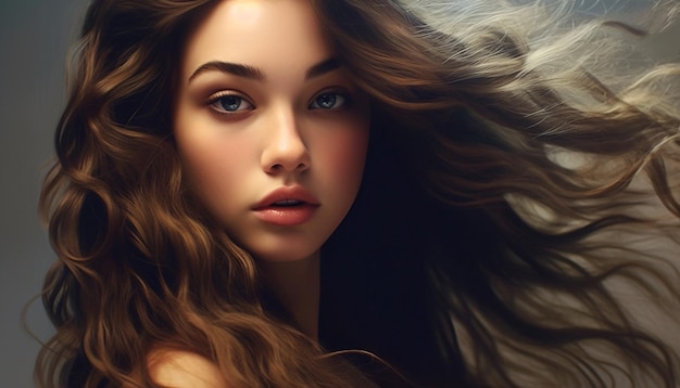 Free photo beautiful woman with long curly brown hair looking sensually generated by artificial intelligence