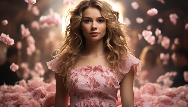 Free photo a beautiful young woman in a pink dress smiling outdoors generated by artificial intelligence