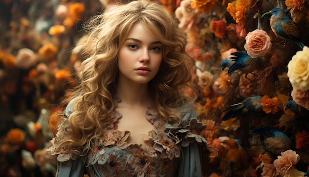 Free photo a beautiful young woman with blond hair in autumn nature generated by artificial intelligence