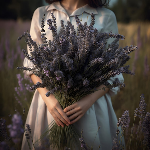 Free photo beautiful young woman with lavender bouquet in the field