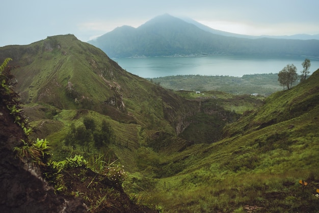 Free photo beautifull mountain in the morning mist batur bali indonesia