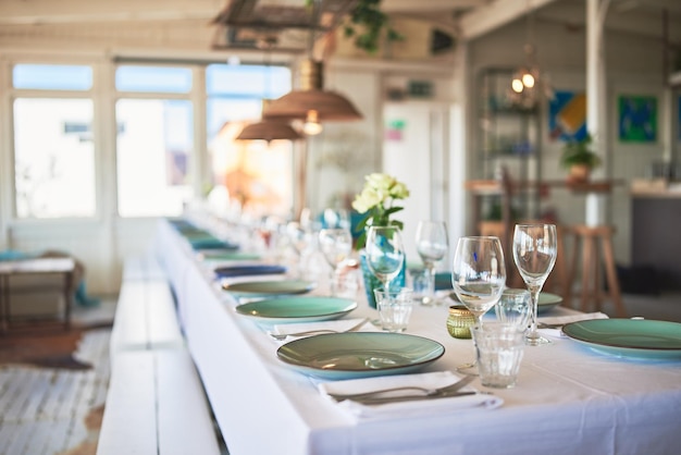 Beautifully decorated interiors of a beach restaurant during the day