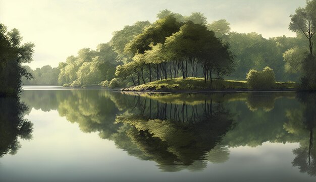 Beauty Green trees reflect on calm pond generative AI