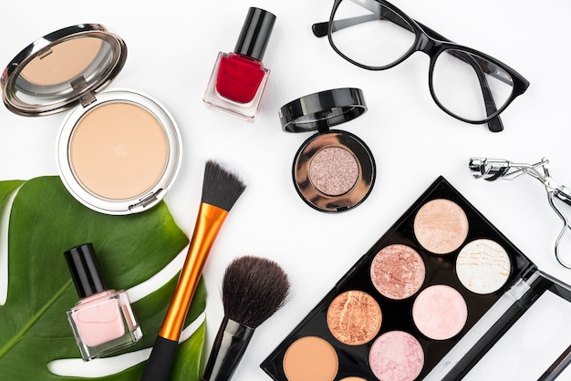 Beauty products in flat lay