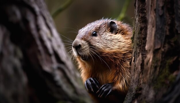 A beaver looks out of a tree.