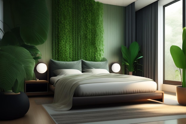 Free Photo a bedroom with a green wall and a bed with a green curtain that says'green '