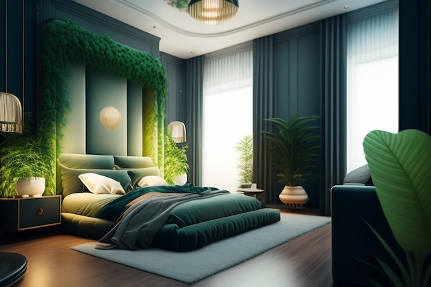 Free photo a bedroom with a green wall and a bed with a green headboard and a sofa.