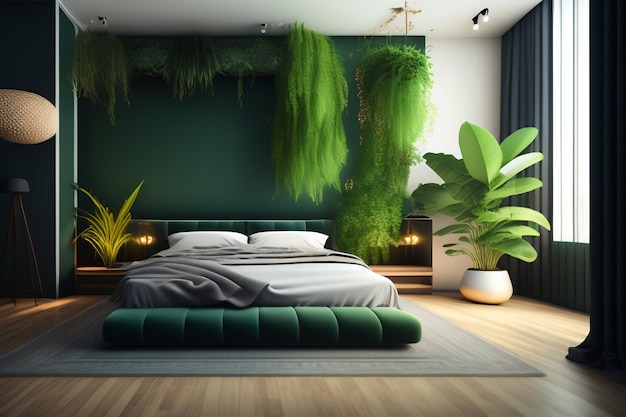 Free photo a bedroom with a green wall and plants