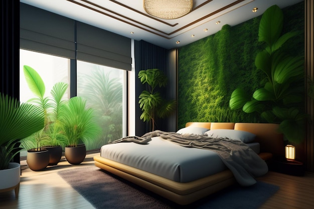 Free photo a bedroom with a green wall that has a plant on it.