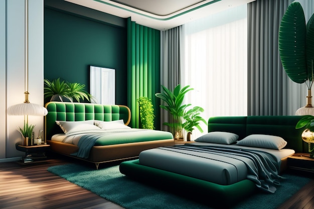 Free photo a bedroom with green walls and a bed with a green rug and a bed with a green rug.