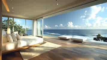 Free photo a bedroom with an ocean view