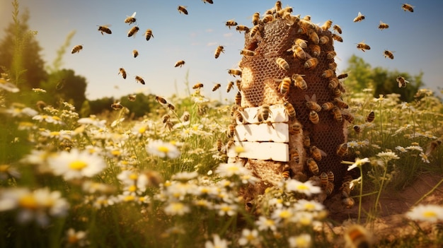 Free Photo a beehive with bees buzzing around a field with chamomiles