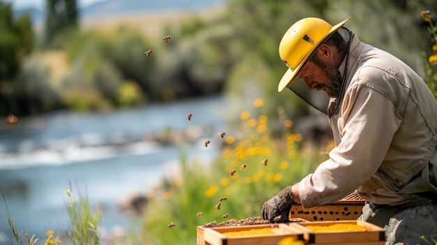 Free photo beekeeper working at  bee farm