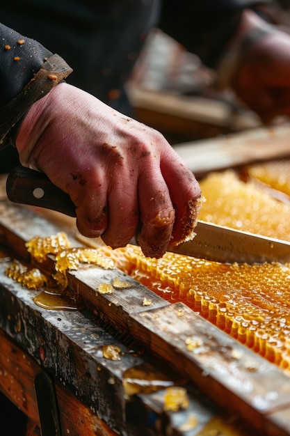 Free photo beekeeper working at  bee farm