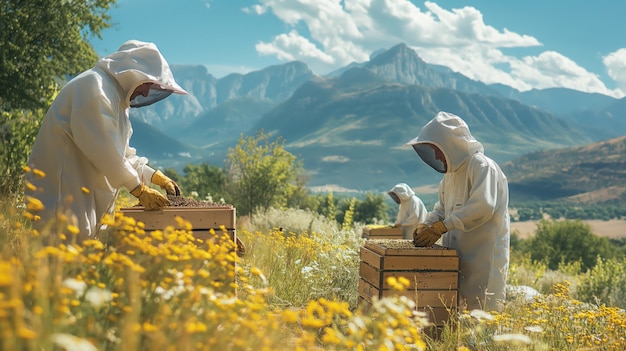 Free photo beekeeper working at  bee farm