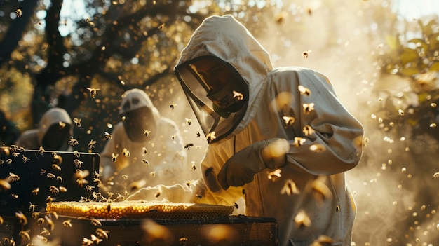 Free photo beekeeper working at bee farm