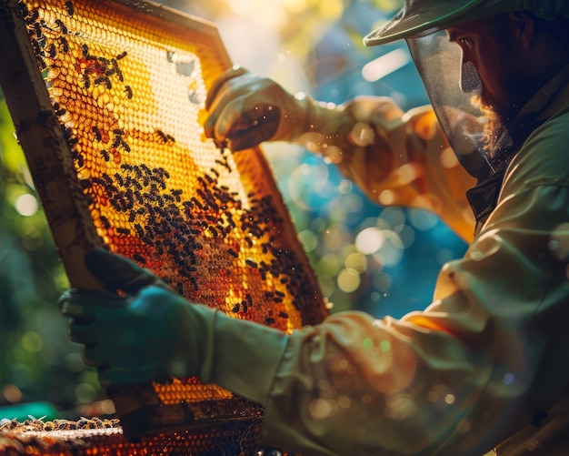 Free photo beekeeper working at  bee farm