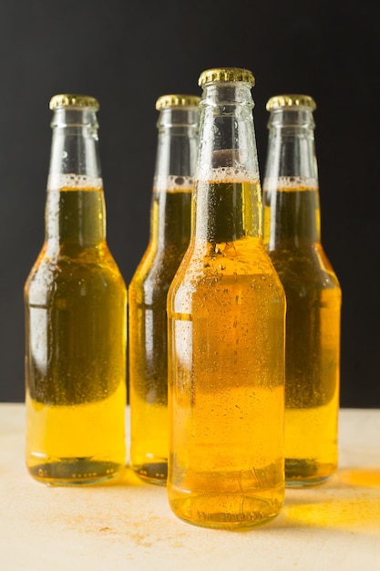 Beer bottles on a wooden table