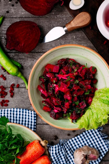 Beetroot salad and side sliced vegetables