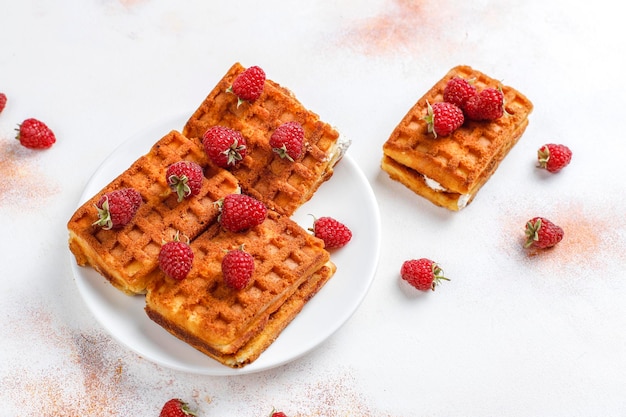 Belgian waffles with cream and fresh raspberries.