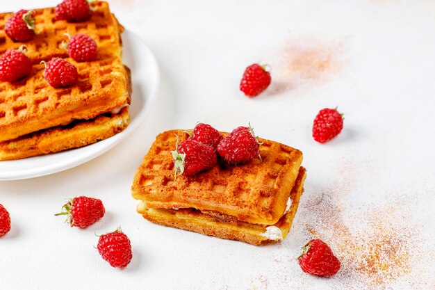 Belgian waffles with cream and fresh raspberries.