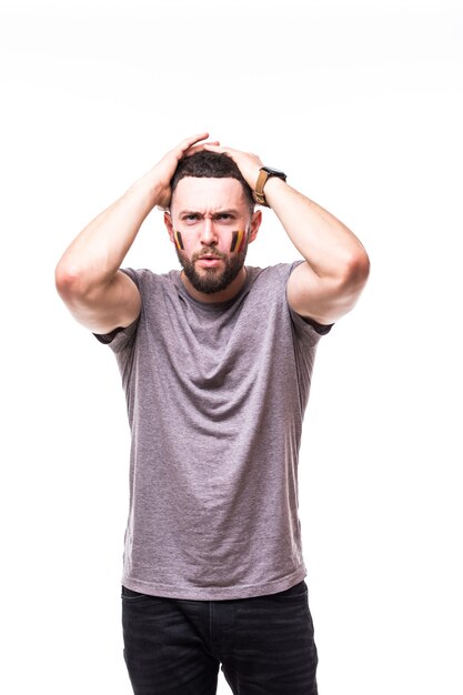 Belgium lose. Unhappy and Failure of goal or lose game emotions of Belgium football fan in game supporting of Belgium national team on white background. Football fans concept.