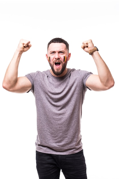 Free photo belgium win. victory, happy and goal scream emotions of belgium football fan in game support of belgium national team on white background. football fans concept.