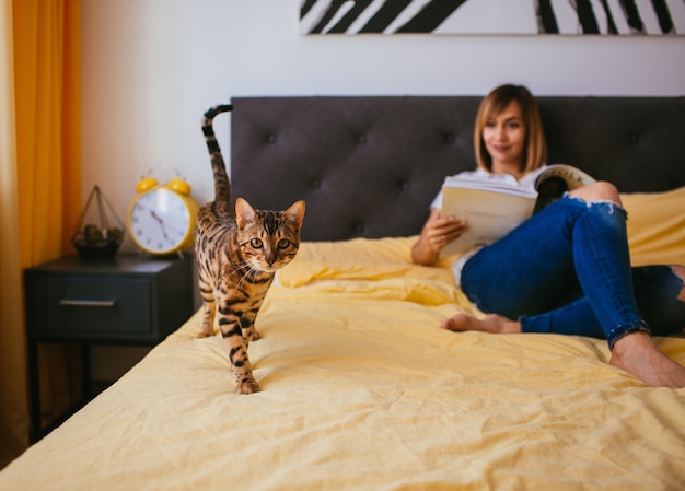 Free Photo bengal cat comes to a woman while she reads on the bed 