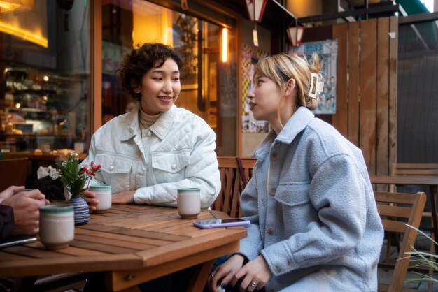 Best friends hanging out at a restaurant