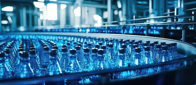 Free photo beverage factory conveyor belt with juice in bottles