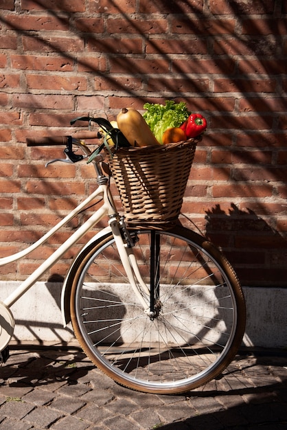 Bicycle basket with groceries side view