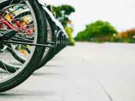 Free photo bicycle rentals wheel in a row near to the road