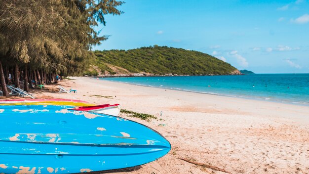 Big colourful boats on sandy sea shore 