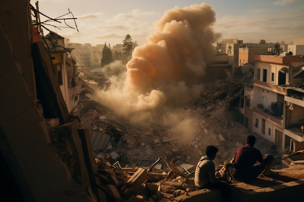 Big dust cloud in marrakesh city after earthquake