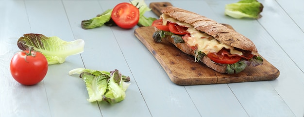 Free photo big vegan sandwich with vegetables on wooden board table