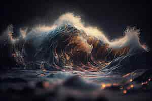 Free photo big waves in a stormy ocean with sun rays pouring through water on isolated dark background