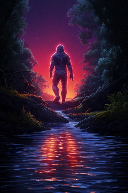 Bigfoot represented in neon glow