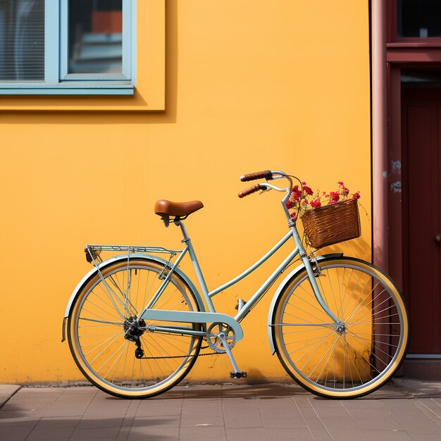 Bike sitting on yellow wall