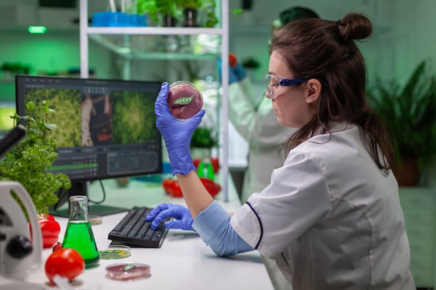 Free photo biologist researcher holding in hands vegan beef meat sample analyzing genetically modified vegetarian food