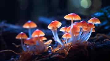 Free photo bioluminescent mushrooms casting an enchanting glow in the mysterious depths of the jungle