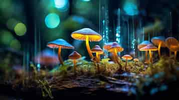 Free photo bioluminescent mushrooms casting an enchanting glow in the mysterious depths of the jungle