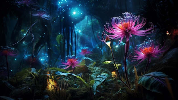 Free photo a bioluminescent spectacle as the jungle comes alive with glowing flora and fauna in the mystical tw