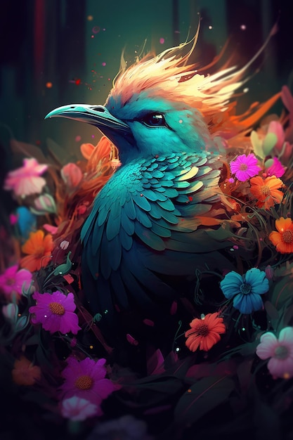 Bird in colorful colorful flowers Generative Ai