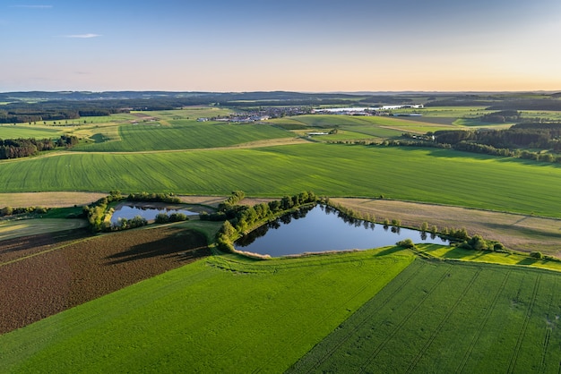 Free Photo bird's-eye shot of breathtaking green fields with small ponds in a rural area