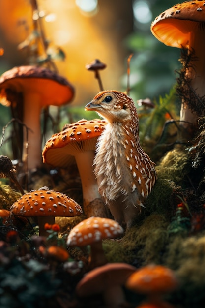 Bird surrounded by mushrooms